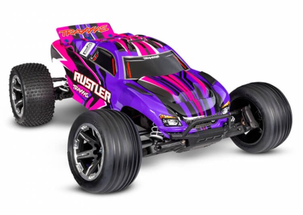 Traxxas TRX37254-8-PINK Rustler pink 1/10 2WD Stadium-Truck RTR Brushed, HD, mit Akku und 4Ampere US