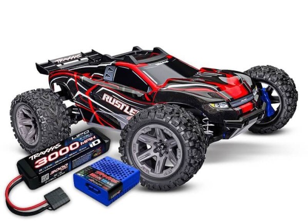 Traxxas TRX67164-4 Rustler 4x4 rot 1/10 Stadium-Truck RTR BL-2S SET gratis Akku & Lader