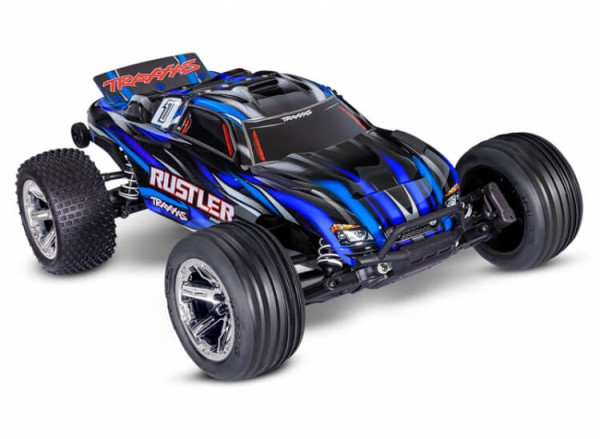 Traxxas TRX37354-4-BLUE Rustler 1/10 2WD Stadium-Truck blau RTR BL-2S Brushless