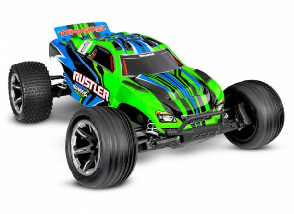 Traxxas TRX37254-8-GRN Rustler grün 1/10 2WD Stadium-Truck RTR Brushed, HD, mit Akku und 4Ampere USB