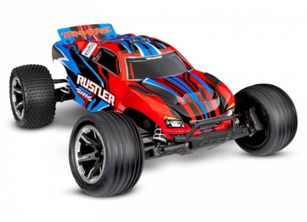 Traxxas TRX37254-8-RED Rustler rot 1/10 2WD Stadium-Truck RTR Brushed, HD, mit Akku und 4Ampere USB-